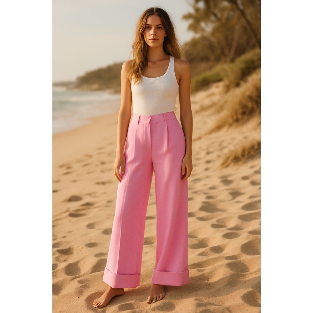 NA-KD Pink Wide Leg Trousers Size E38 US 8 Tailored High Waist Cuffed Hem‎ Pants